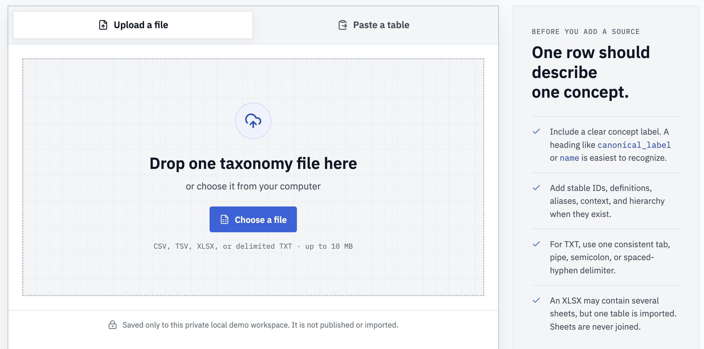 Appellation's initial taxonomy importer. Upload a file and Paste a table sit above a file-drop area, beside guidance explaining that each row describes one concept and that IDs, definitions, aliases, context, and hierarchy may be included.